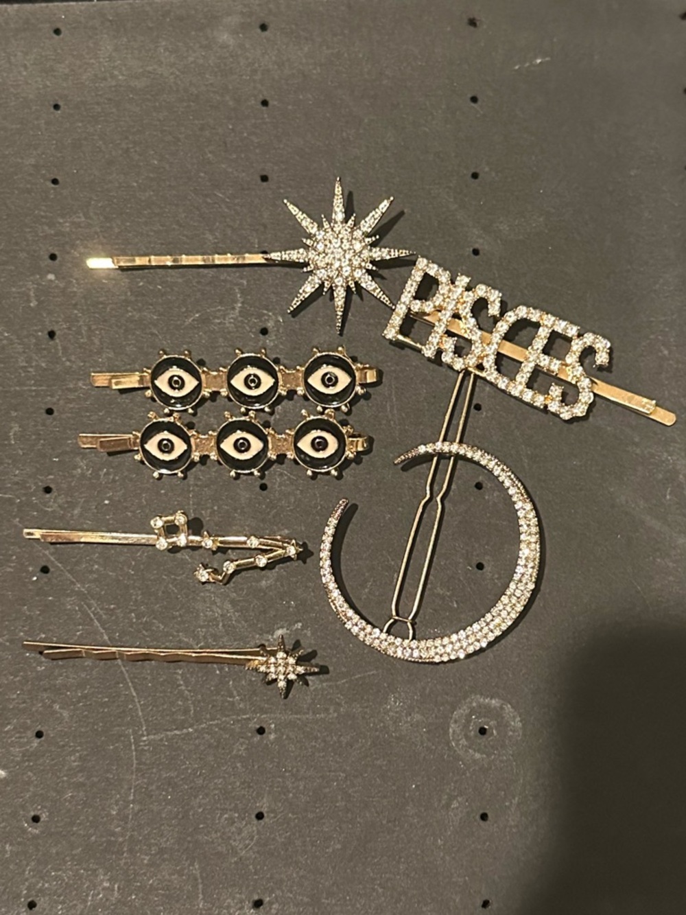 Gold Rhinestone Hair Clip Set with Pisces & Celestial Motifs